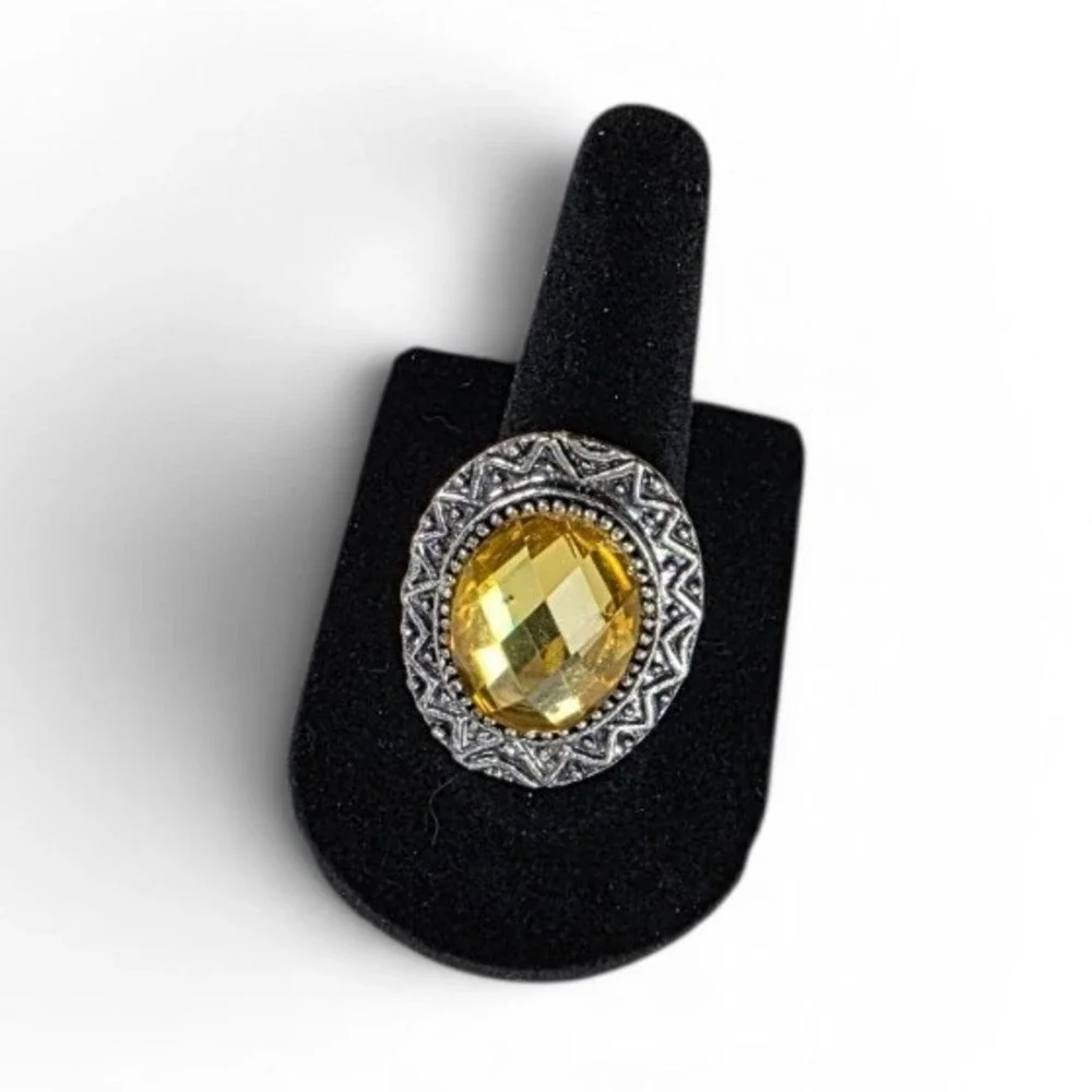 Vintage Faceted Citrine Yellow Stone Halo Setting, Silver Metal Ring Size 7